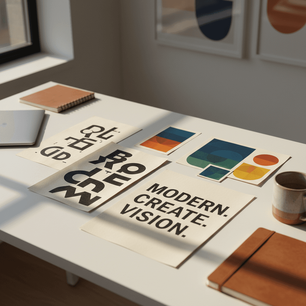 Brand identity design process with sketches and color swatches